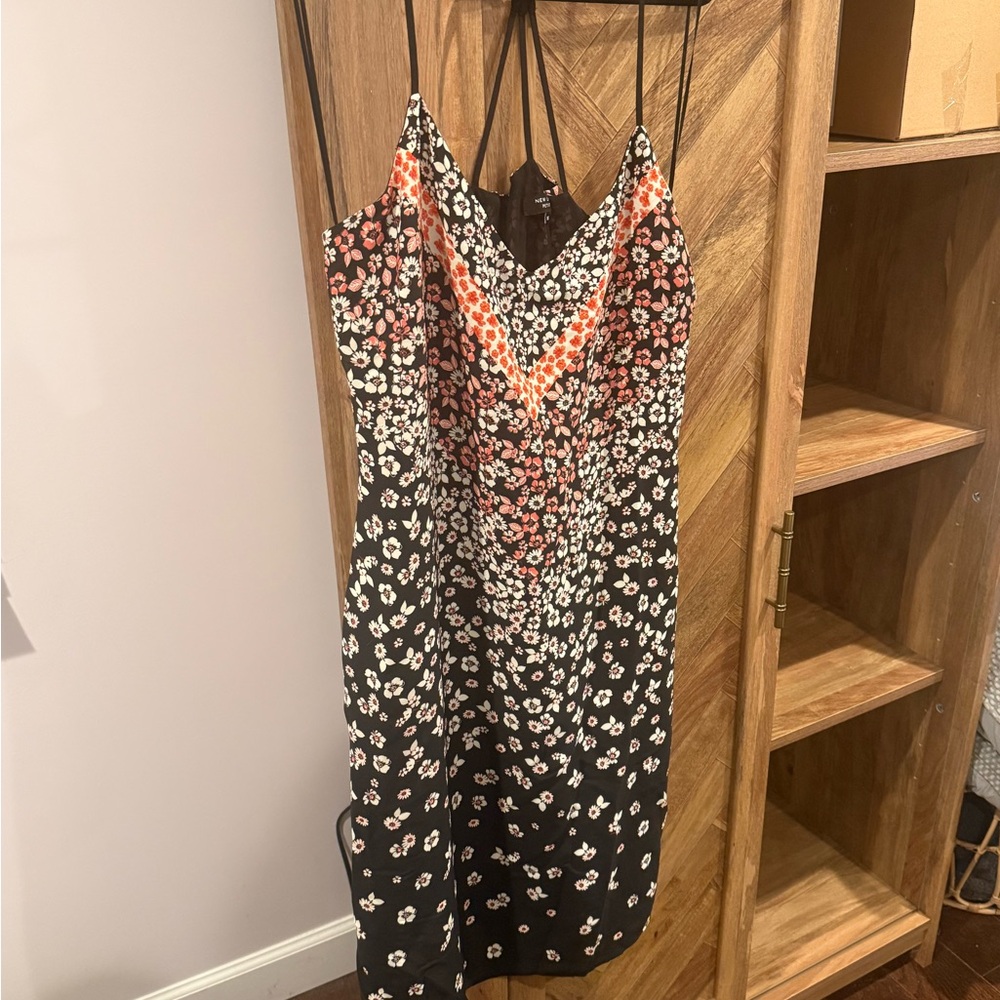 New Look Black Floral Slip Dress with Coral and White Accents